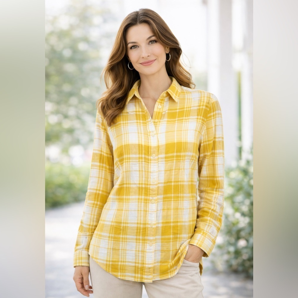 LANDS END Yellow Plaid button down women’s Shirt/size 12